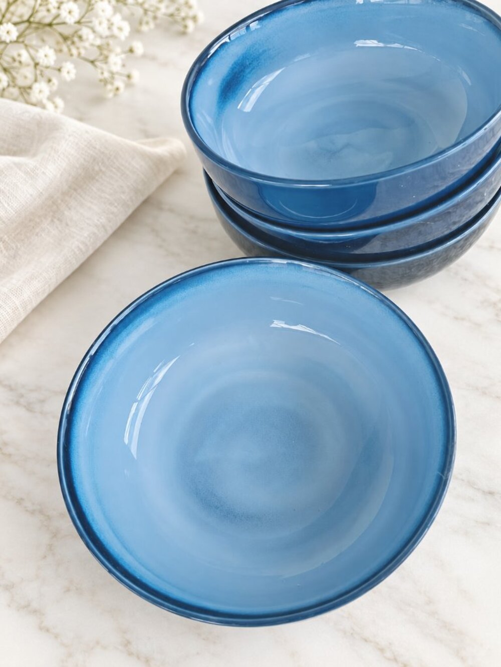 Sango Nova Blue 4934 New England Heritage Stoneware Soup Cereal Bowls Set of 4